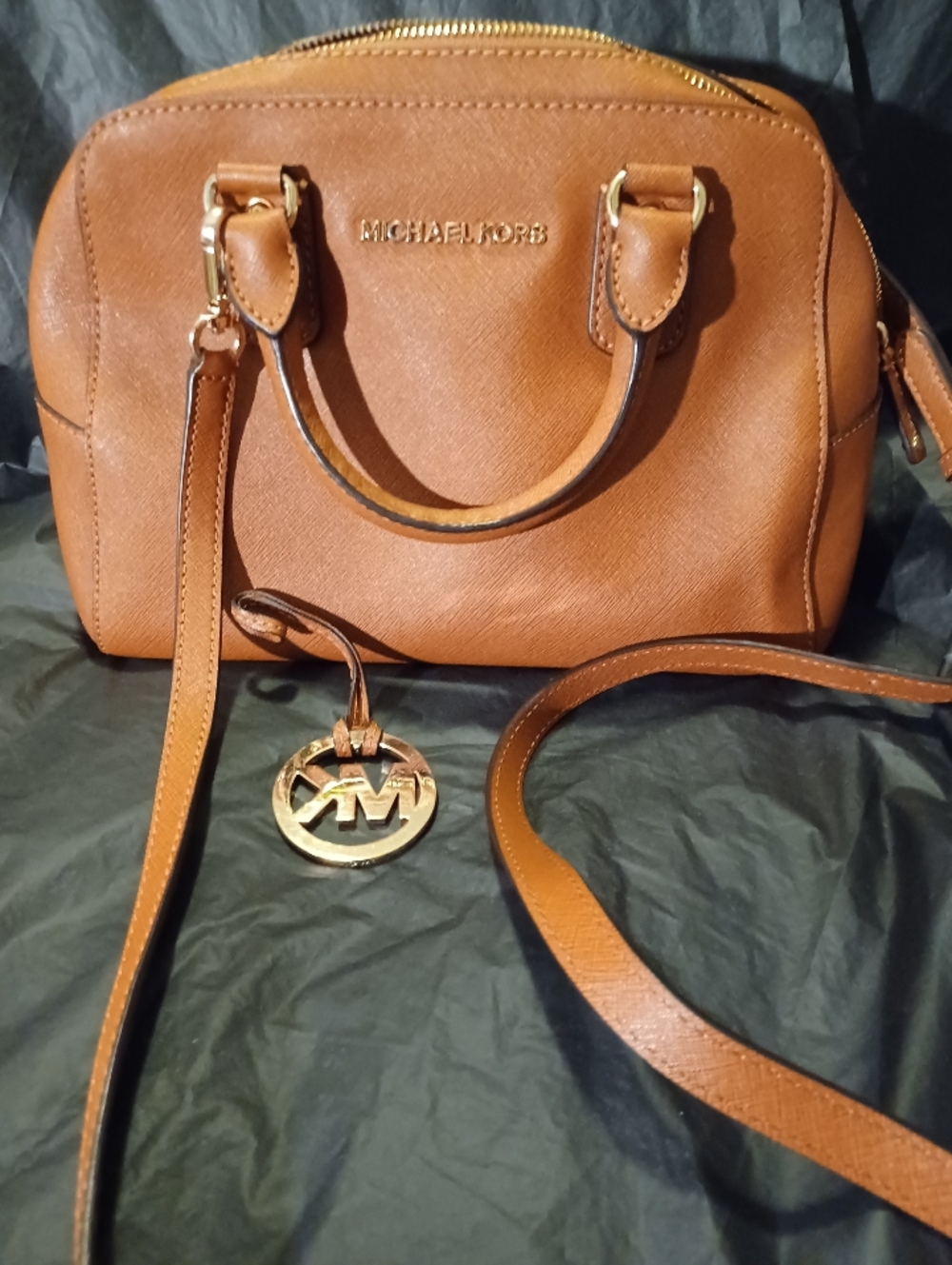 Michael Kors Cognac Saffiano Leather Dome Satchel with Gold Logo Charm